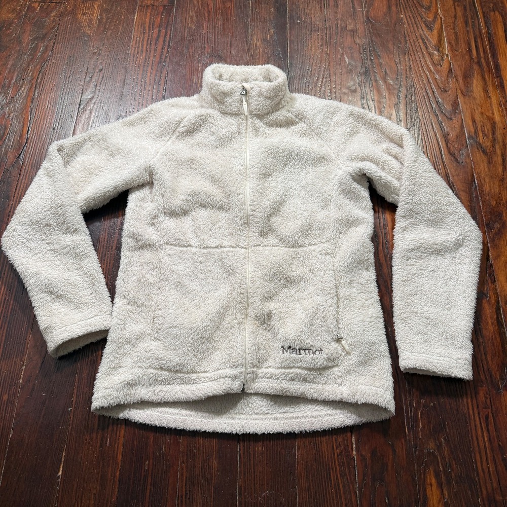 Marmot Jacket Womens Small White Soft‎ Fuzzy Fleece Full Zip Cozy Outdoors Gorp